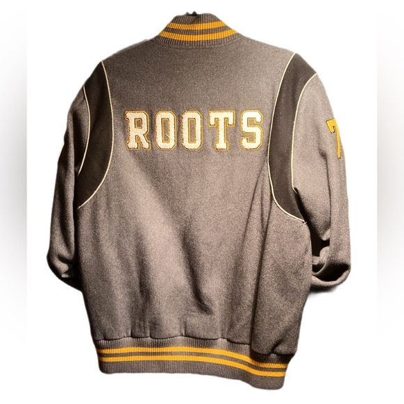 Vintage Roots Varsity wool blend grey yellow trim lined lng sleeve bomber jckt M - Picture 5 of 5